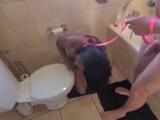 Human toilet indian slattern get pissed on and get her head flushed followed by sucking cock